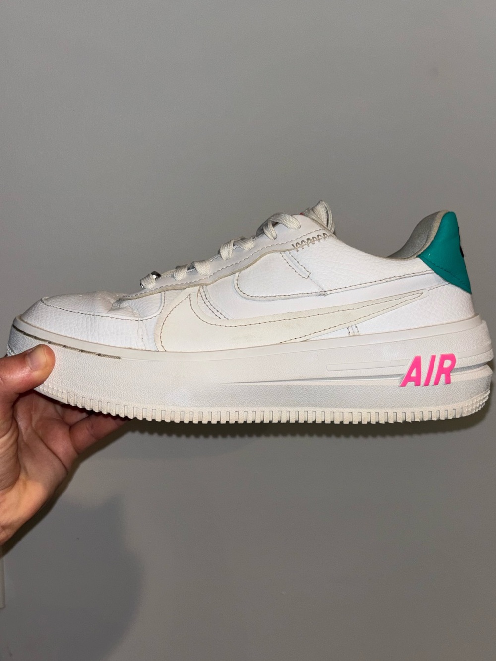 Nike Air Force 1 PLT.AF.ORM Low Top White Pink Blast Green Sz W8.5 M7 Summer
